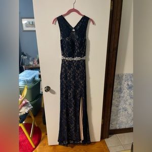 Navy prom dress with lace overlay